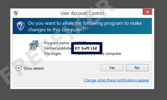Screenshot where DT Soft Ltd appears as the verified publisher in the UAC dialog